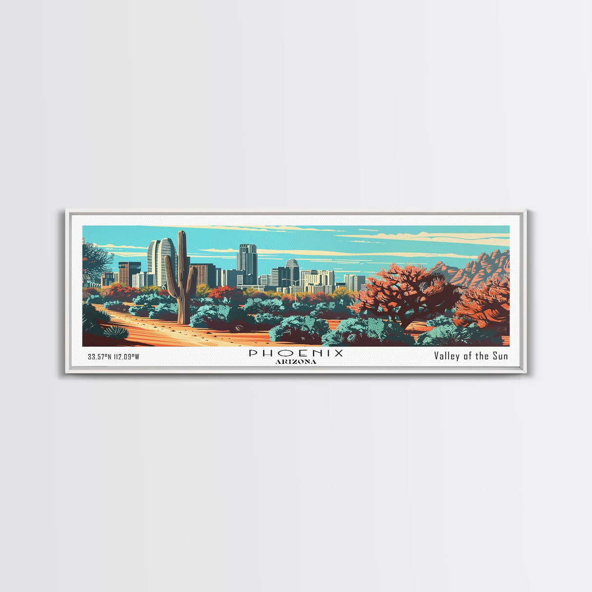 Phoenix Arizona Panoramic View, Mid Century Modern Framed Canvas Print, Retro Pop Art Travel Poster, Living Room Wall Decor