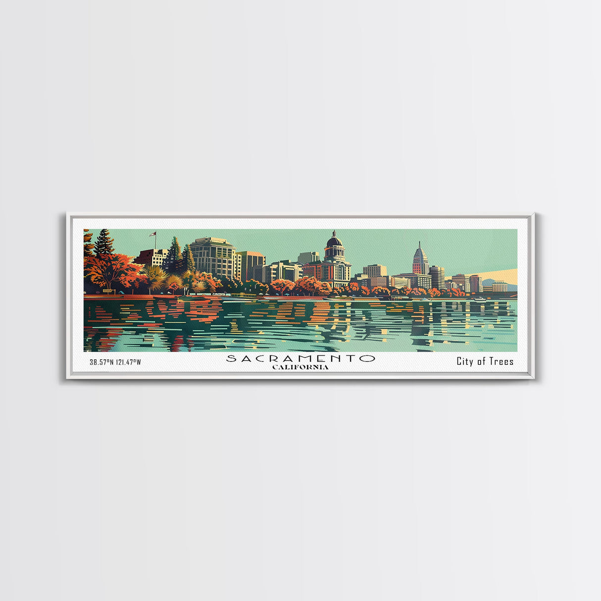 Sacramento California Panoramic Painting, Mid Century Modern Framed Canvas Print, Retro Pop Art Travel Poster, Cityscape, Home Decor, Office Wall Art