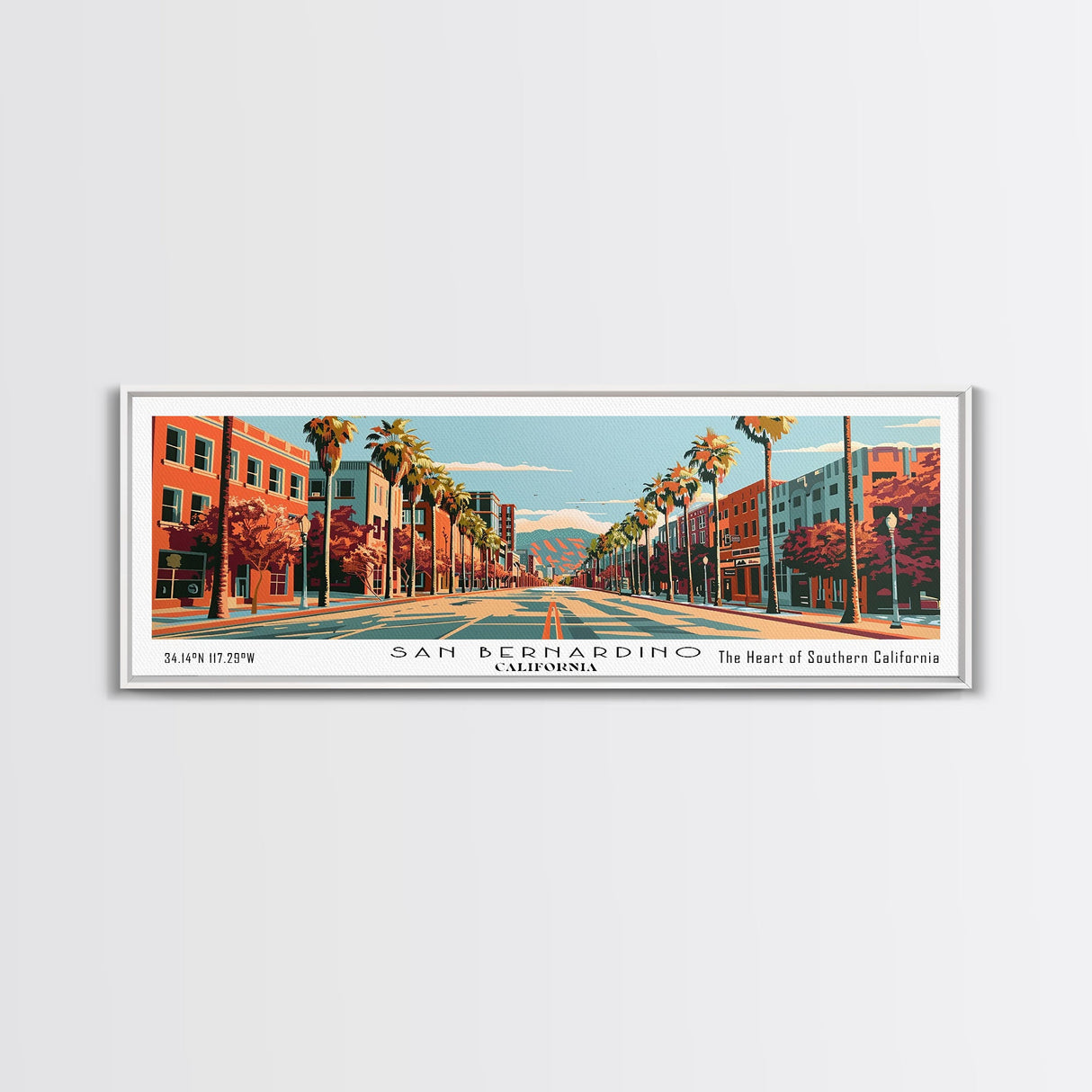 San Bernardino California Panoramic Painting, Mid Century Modern Framed Canvas Print, Retro Pop Art Travel Poster, Cityscape, Home Decor, Office Wall Art