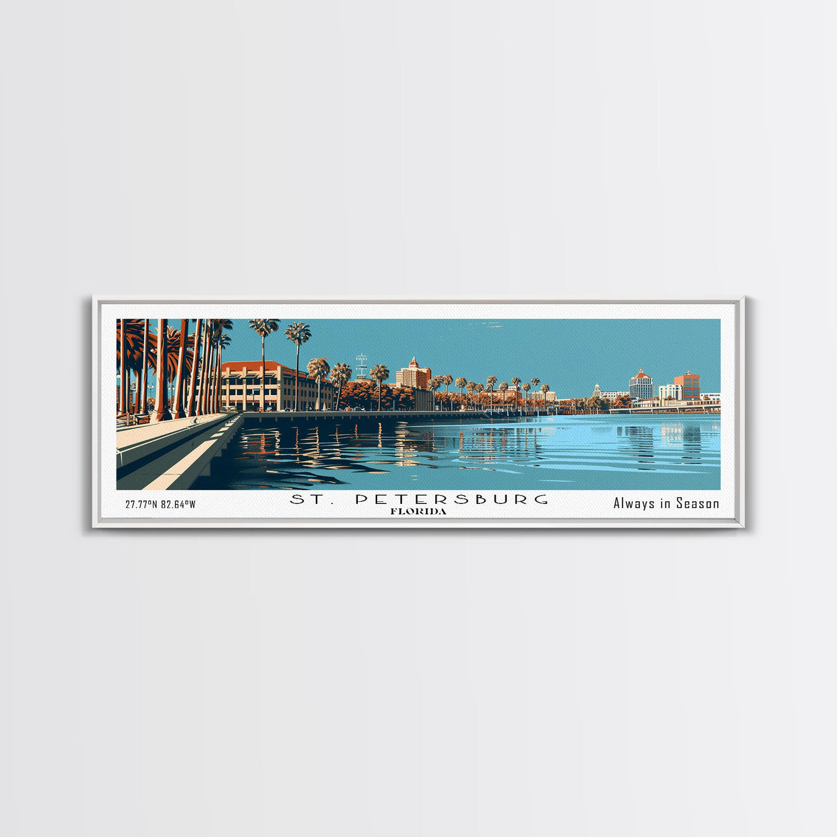 St. Petersburg Florida Panoramic Painting, Mid Century Modern Framed Canvas Print, Retro Pop Art Travel Poster, Cityscape, Home Decor, Office Wall Art