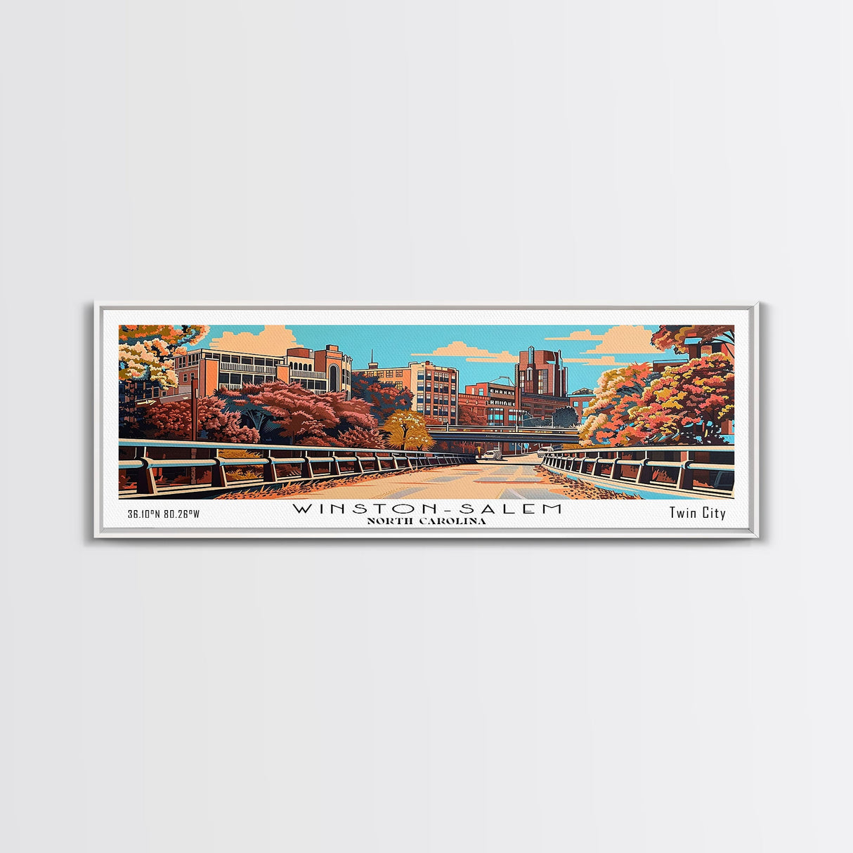 Winston-Salem North Carolina Panoramic Wall Art, Mid Century Modern Framed Canvas Print, Retro Pop Art Travel Poster, Cityscape Decor, Office Wall Art