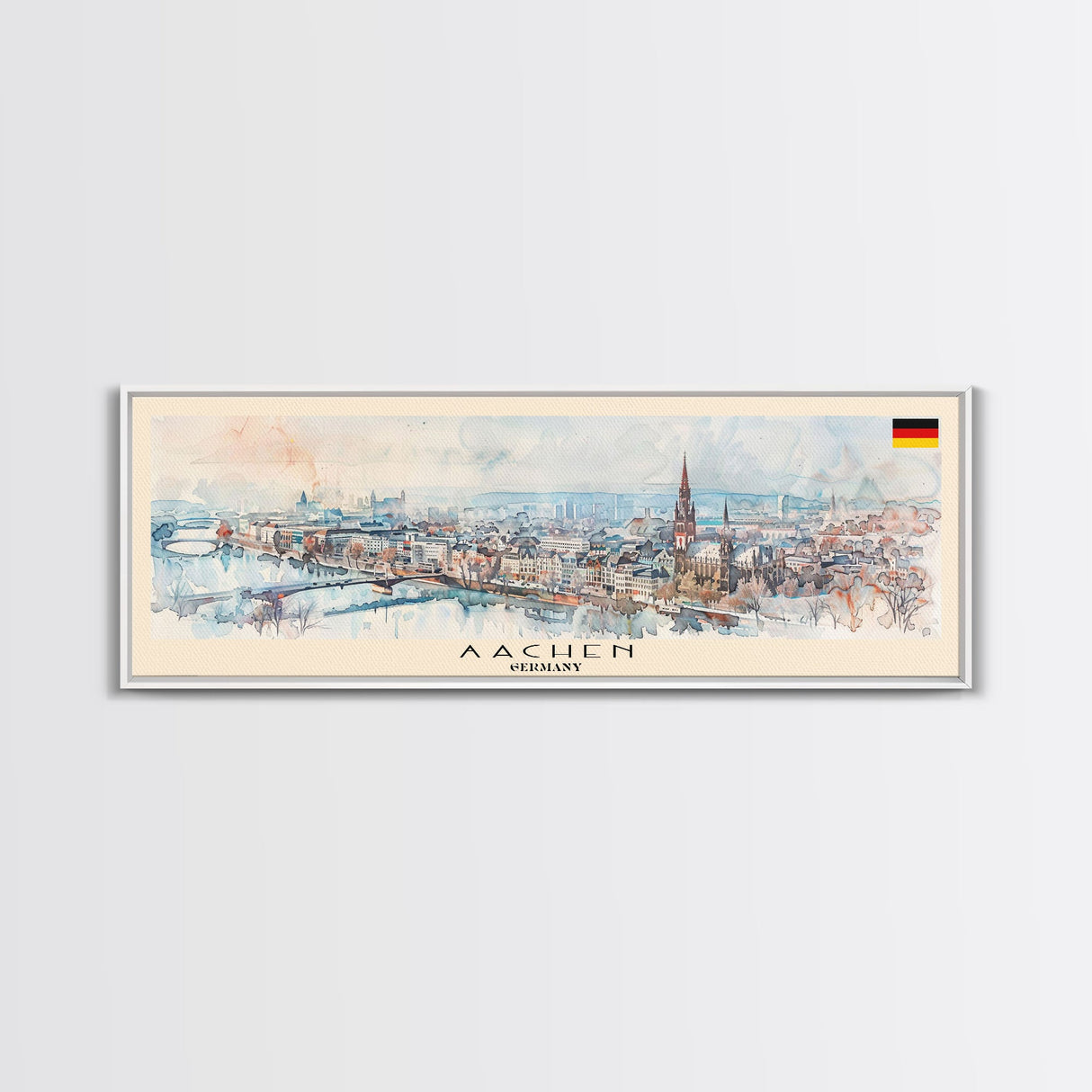 Aachen Germany  Panoramic Travel Poster, Framed Canvas Print or Metal Wall Art, Travel Art, Home Decor, Panoramic Painting, Midcentury Art