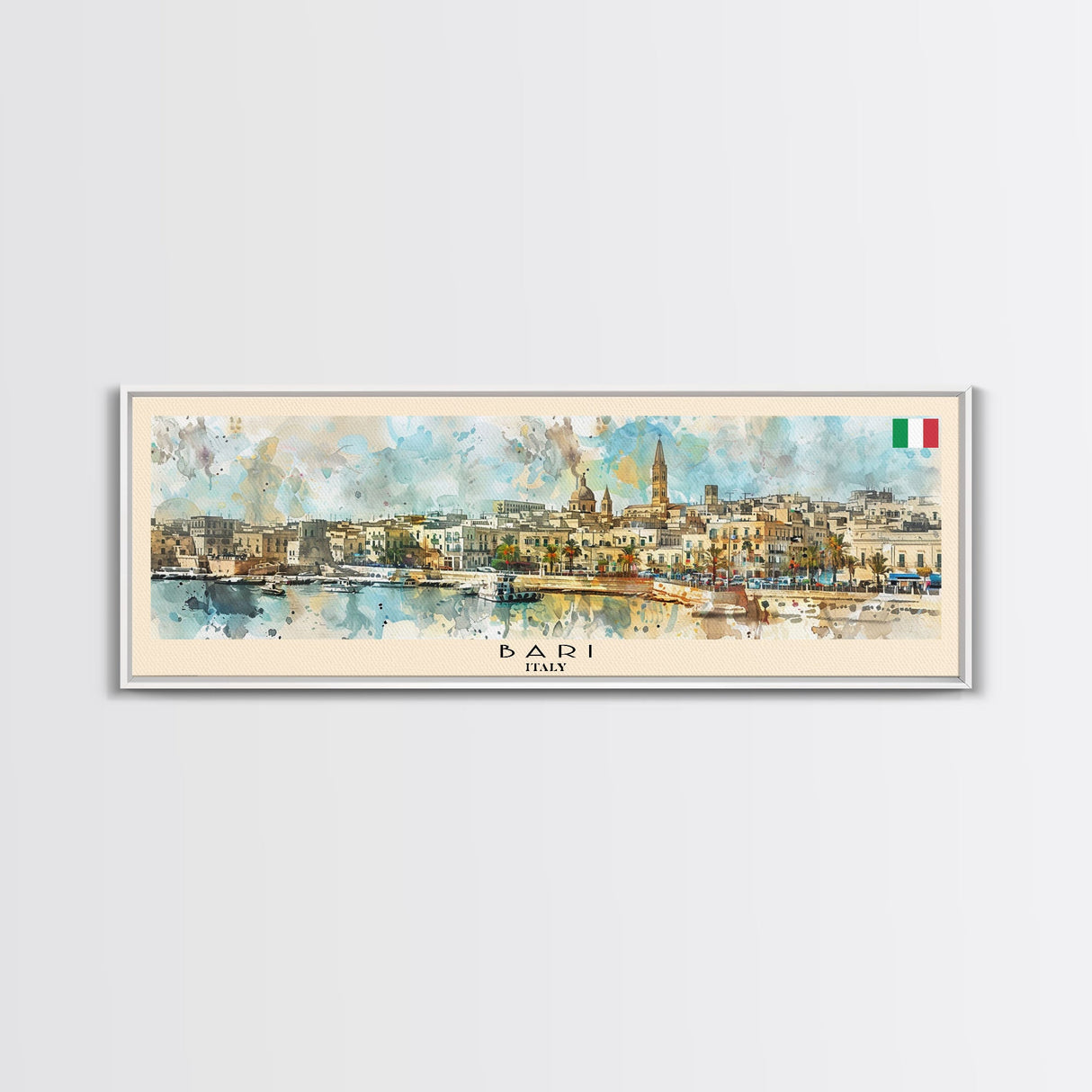 Bari Italy Panoramic Travel Poster, Framed Canvas Print or Metal Wall Art, Travel Art, Home Decor, Panoramic Painting, Midcentury Art