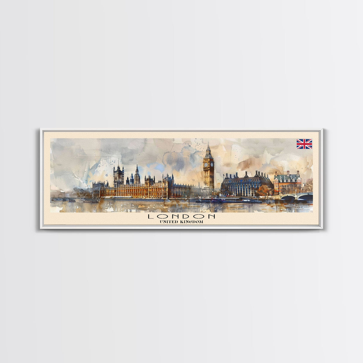 London United Kingdom Panoramic Travel Poster, Framed Canvas Print or Metal Wall Art, Travel Art, Home Decor, Panoramic Painting, Midcentury Art