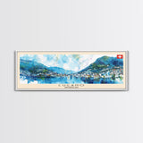 Lugano Switzerland Panoramic Travel Poster, Framed Canvas Print or Metal Wall Art, Travel Art, Home Decor, Panoramic Painting, Midcentury Art