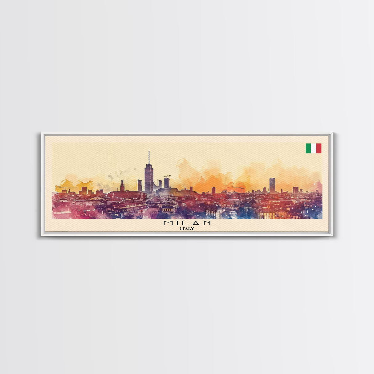 Milan Italy Panoramic Travel Poster, Framed Canvas Print or Metal Wall Art, Travel Art, Home Decor, Panoramic Painting, Midcentury Art