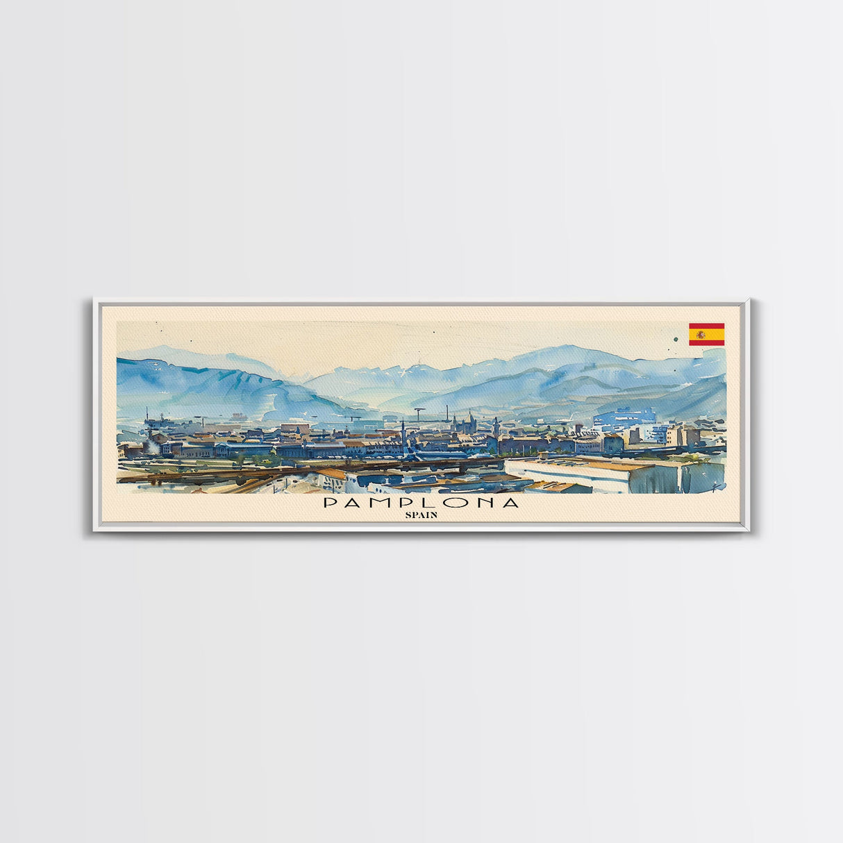 Pamplona Spain Panoramic Travel Poster, Framed Canvas Print or Metal Wall Art, Travel Art, Home Decor, Panoramic Painting, Midcentury Art