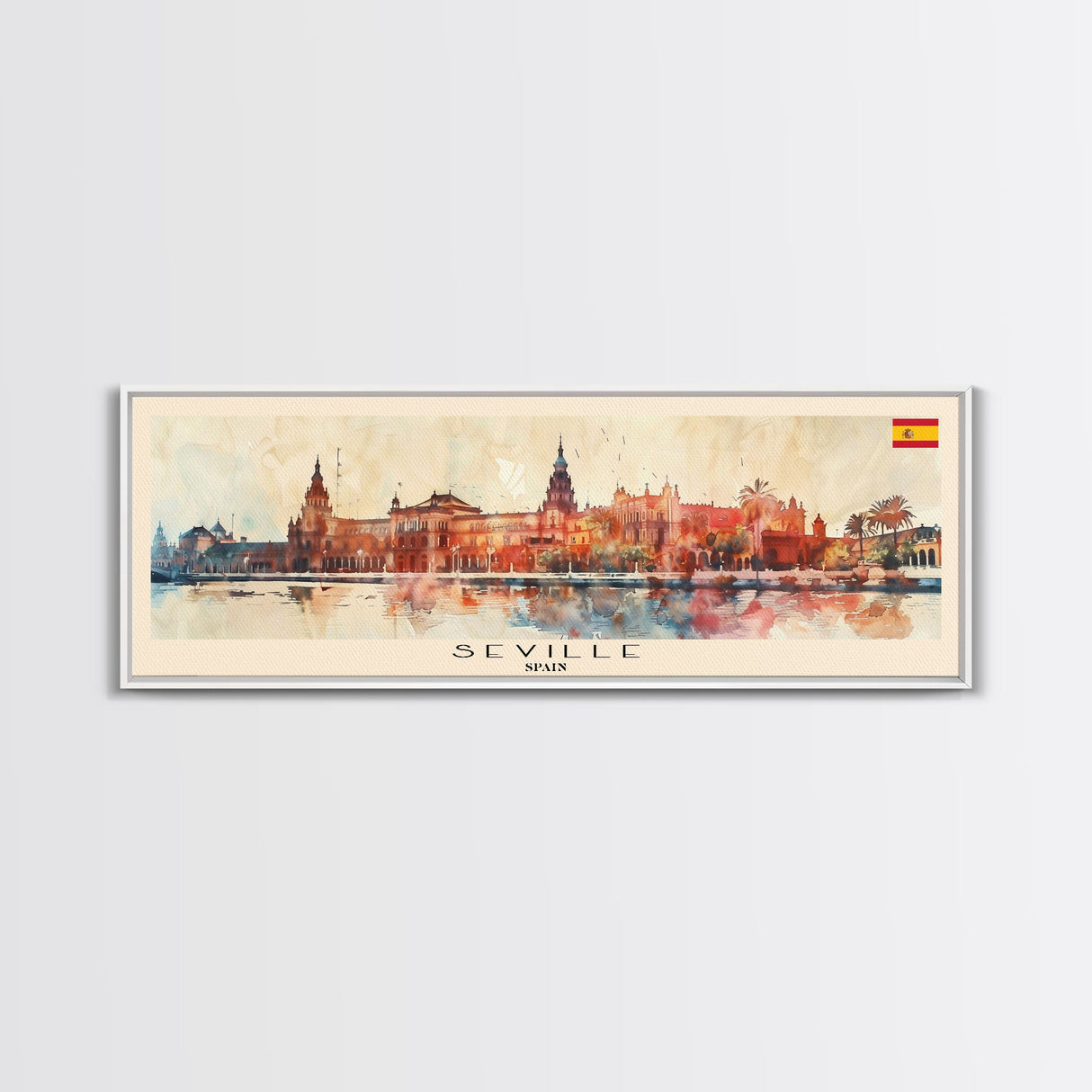 Seville Spain Panoramic Travel Poster, Framed Canvas Print or Metal Wall Art, Travel Art, Home Decor, Panoramic Painting, Midcentury Art