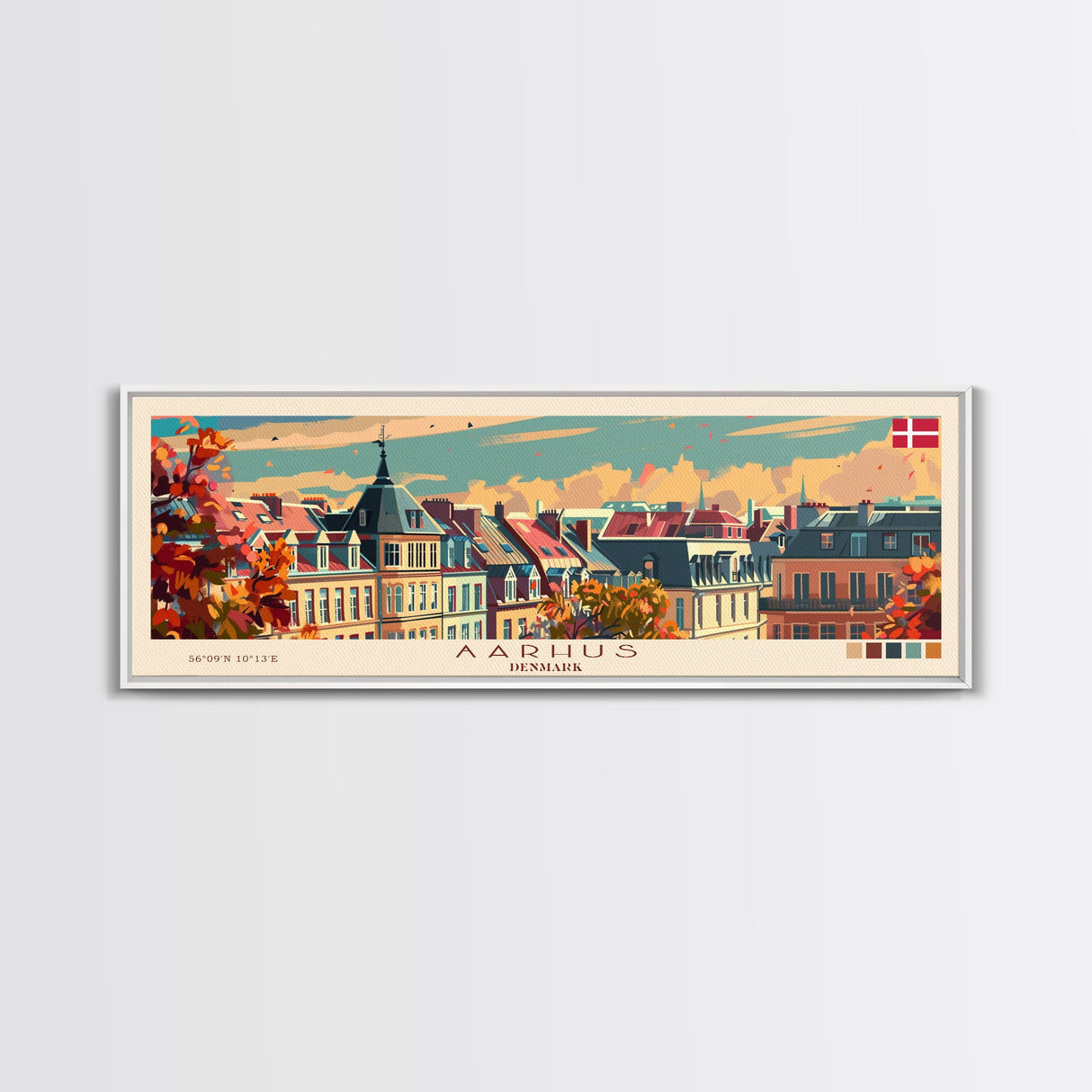 Aarhus Denmark  Panoramic Travel Poster, Framed Canvas Print or Metal Wall Art, Travel Art, Home Decor, Panoramic Painting, Midcentury Art