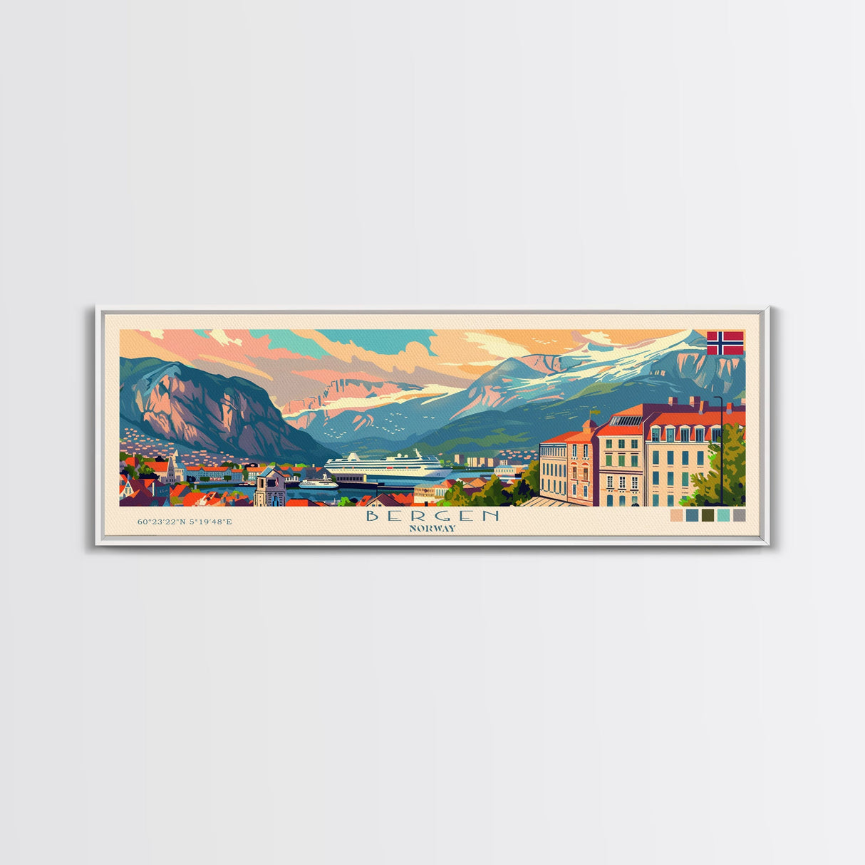 Bergen Norway Wall Art, Panoramic Travel Poster, Panoramic Framed Canvas Print, City Wall Art, Wall Hanging Home Decor, Travel Art