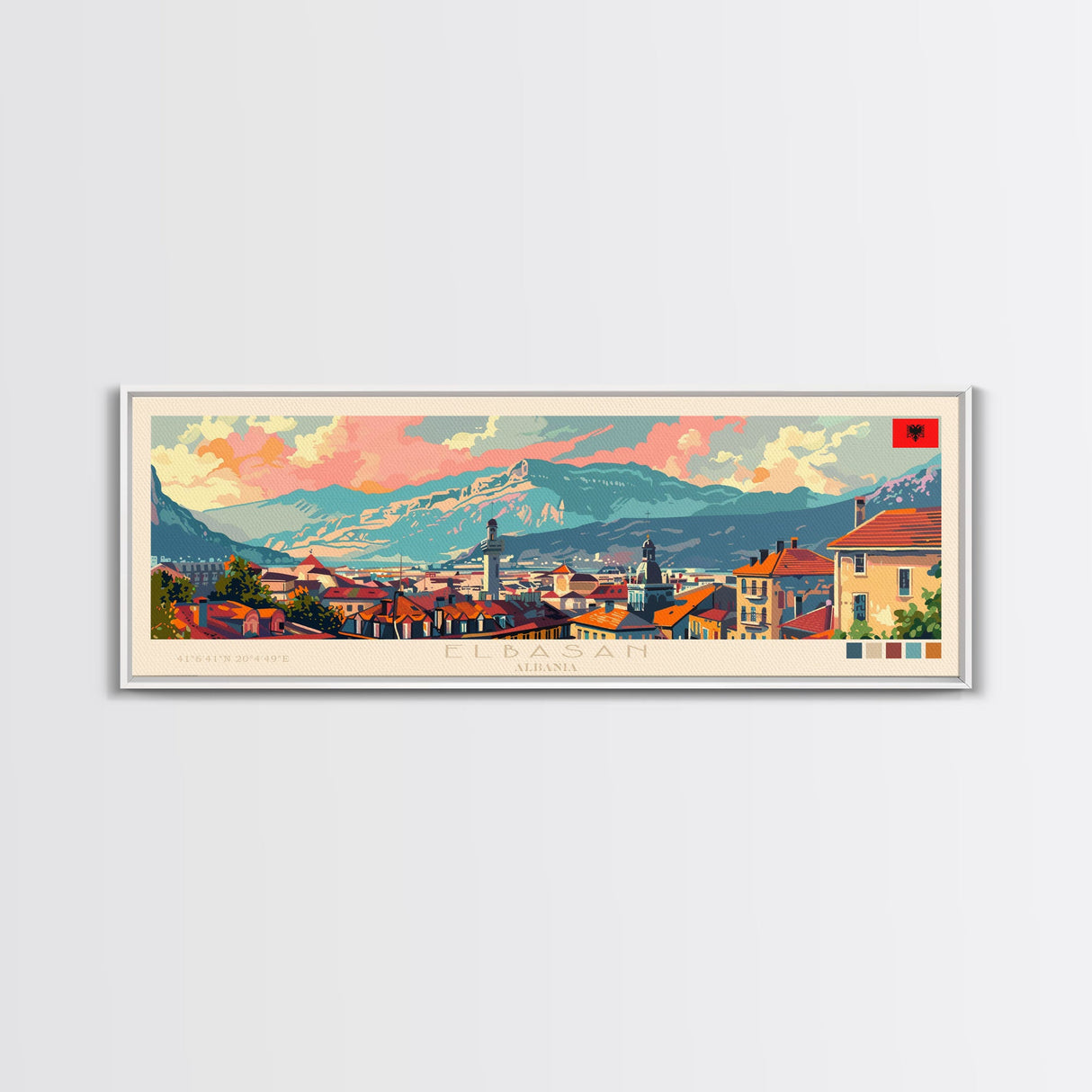 Elbasan Albania Travel Print Wall Art, Panoramic City Art, Travel Art, Wall Decor, Vacation Gift, Framed Canvas Print Or Metal Art