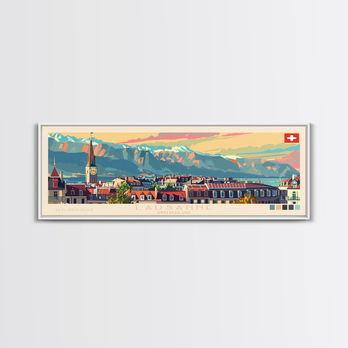 Lausanne Switzerland Travel Art, City Art, Framed Canvas Print or Metal Wall Art, Europe Travel Poster, Panoramic Wall Art, Extra Wide Wall Art