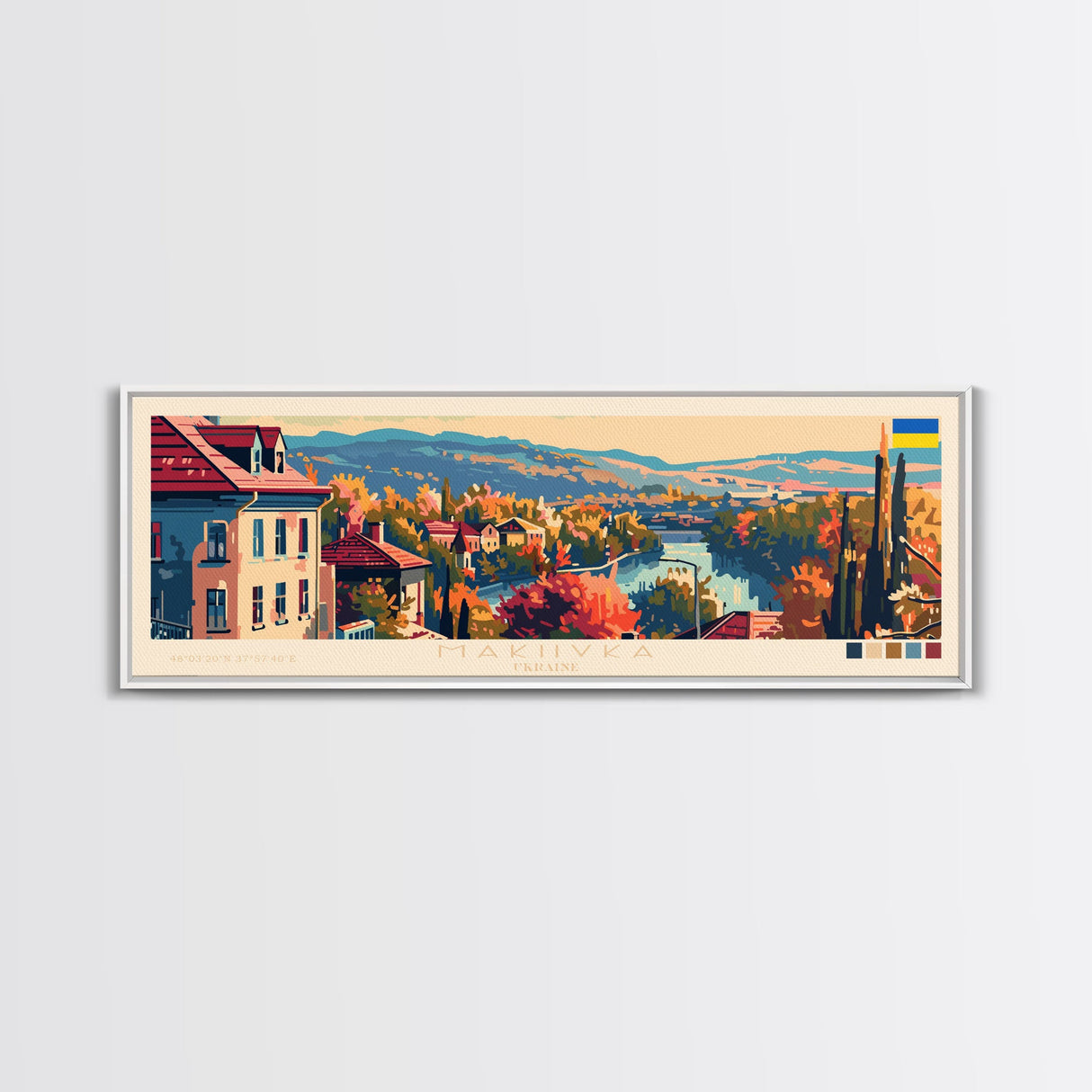 Makiivka Ukraine Panoramic Travel Poster, Framed Canvas Print or Metal Wall Art, Travel Art, Home Decor, Panoramic Painting, Midcentury Art