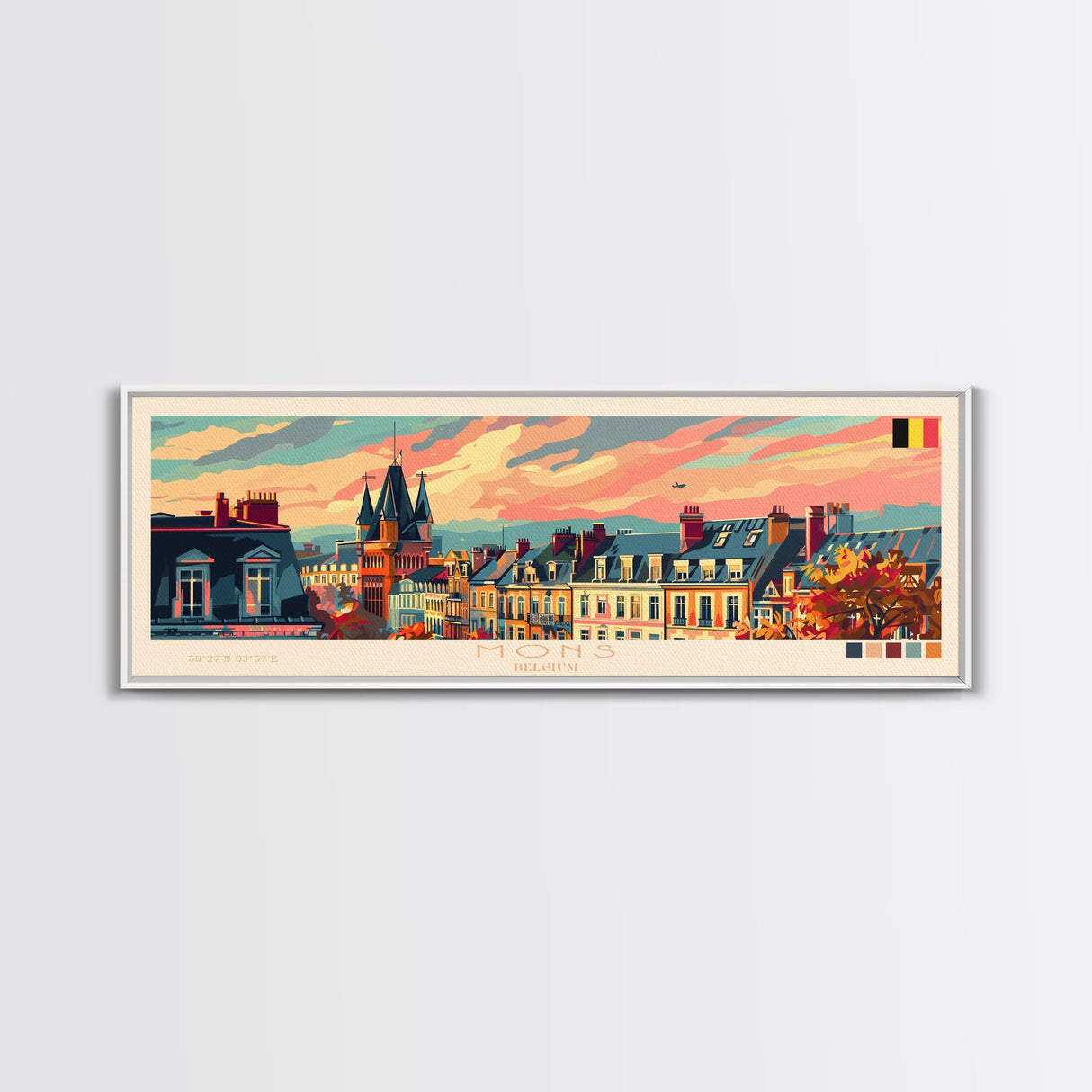 Mons Belgium Panoramic Travel Poster, Framed Canvas Print or Metal Wall Art, Travel Art, Home Decor, Panoramic Painting, Midcentury Art