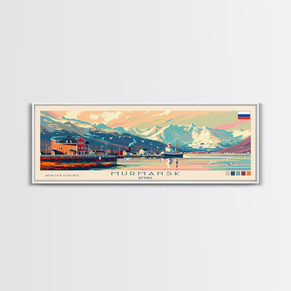 Murmansk Russia Panoramic Travel Poster, Framed Canvas Print or Metal Wall Art, Travel Art, Home Decor, Panoramic Painting, Midcentury Art