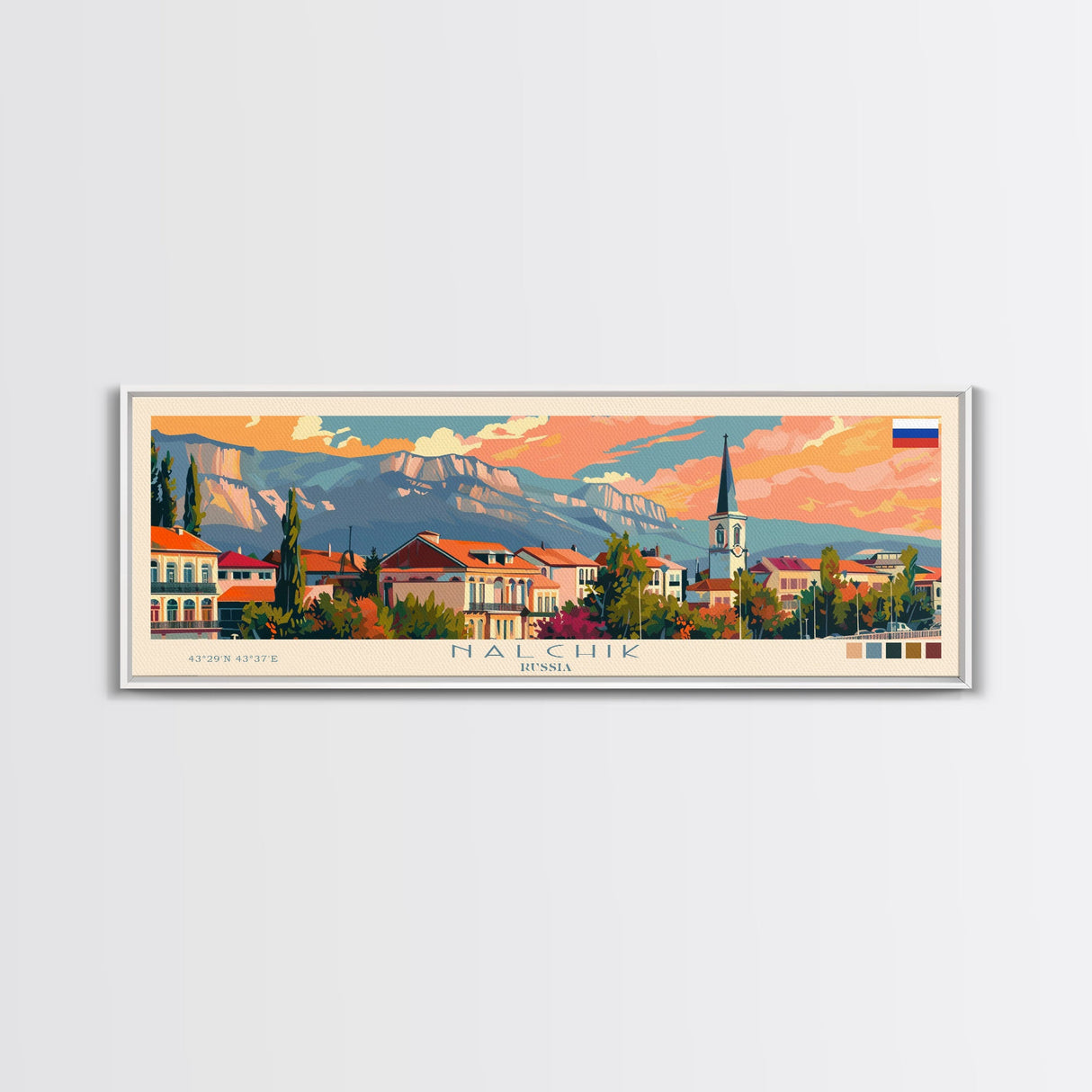 Nalchik Russia Panoramic Travel Poster, Framed Canvas Print or Metal Wall Art, Travel Art, Home Decor, Panoramic Painting, Midcentury Art