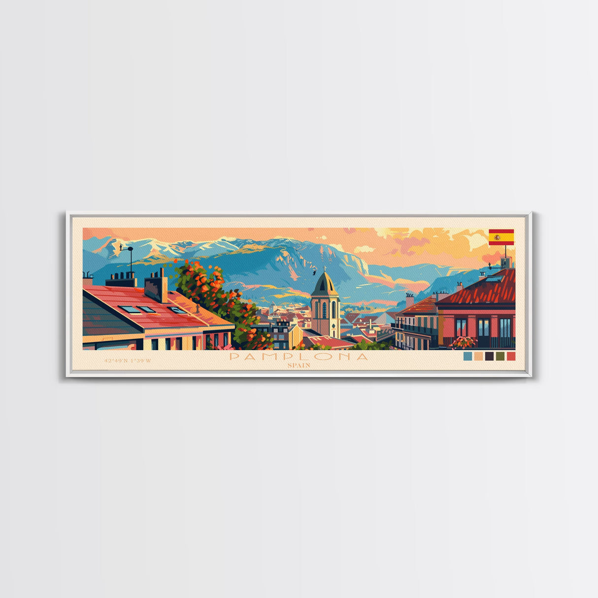 Pamplona Spain Panoramic Travel Poster, Framed Canvas Print or Metal Wall Art, Travel Art, Home Decor, Panoramic Painting, Midcentury Art