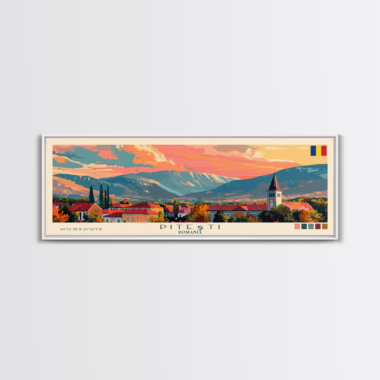 Piteti Romania Panoramic Travel Poster, Framed Canvas Print or Metal Wall Art, Travel Art, Home Decor, Panoramic Painting, Midcentury Art