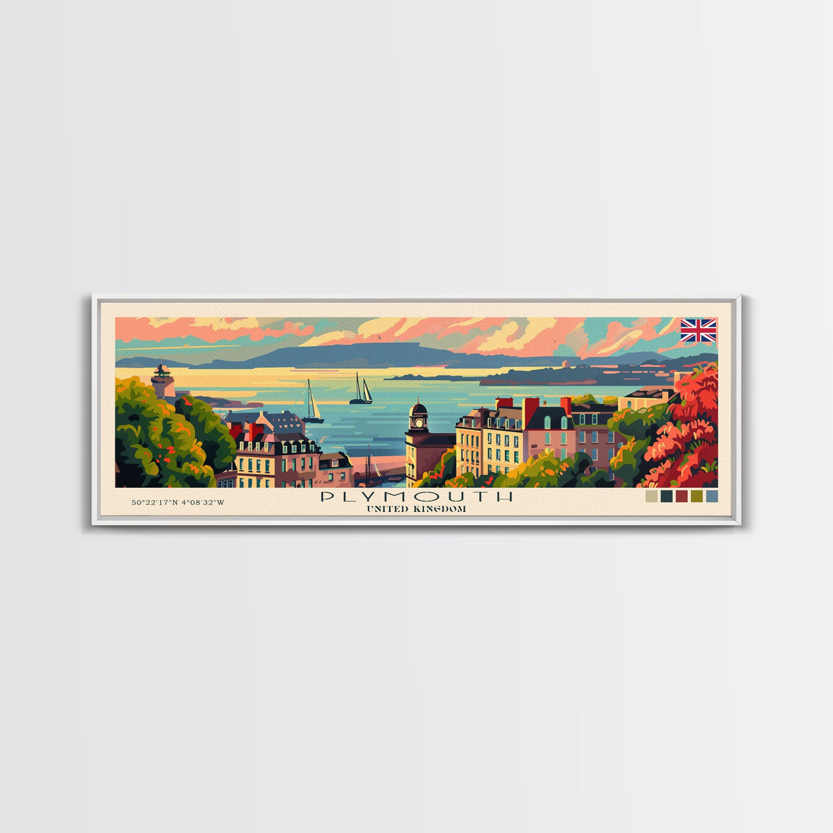 Plymouth United Kingdom Panoramic Travel Poster, Framed Canvas Print or Metal Wall Art, Travel Art, Home Decor, Panoramic Painting, Midcentury Art