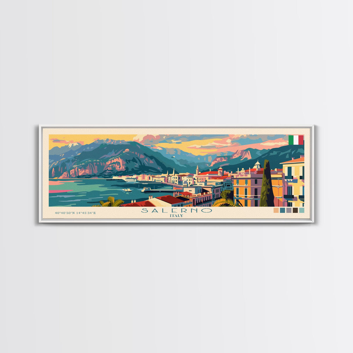 Salerno Italy Travel Art, City Art, Framed Canvas Print or Metal Wall Art, Europe Travel Poster, Panoramic Wall Art, Extra Wide Wall Art