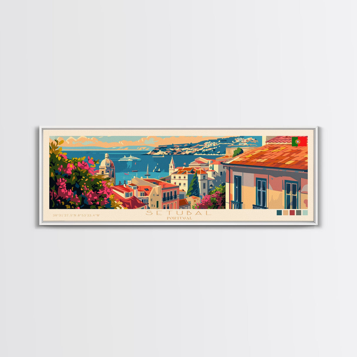 Setúbal Portugal Travel Print Wall Art, Panoramic City Art, Travel Art, Wall Decor, Vacation Gift, Framed Canvas Print Or Metal Art