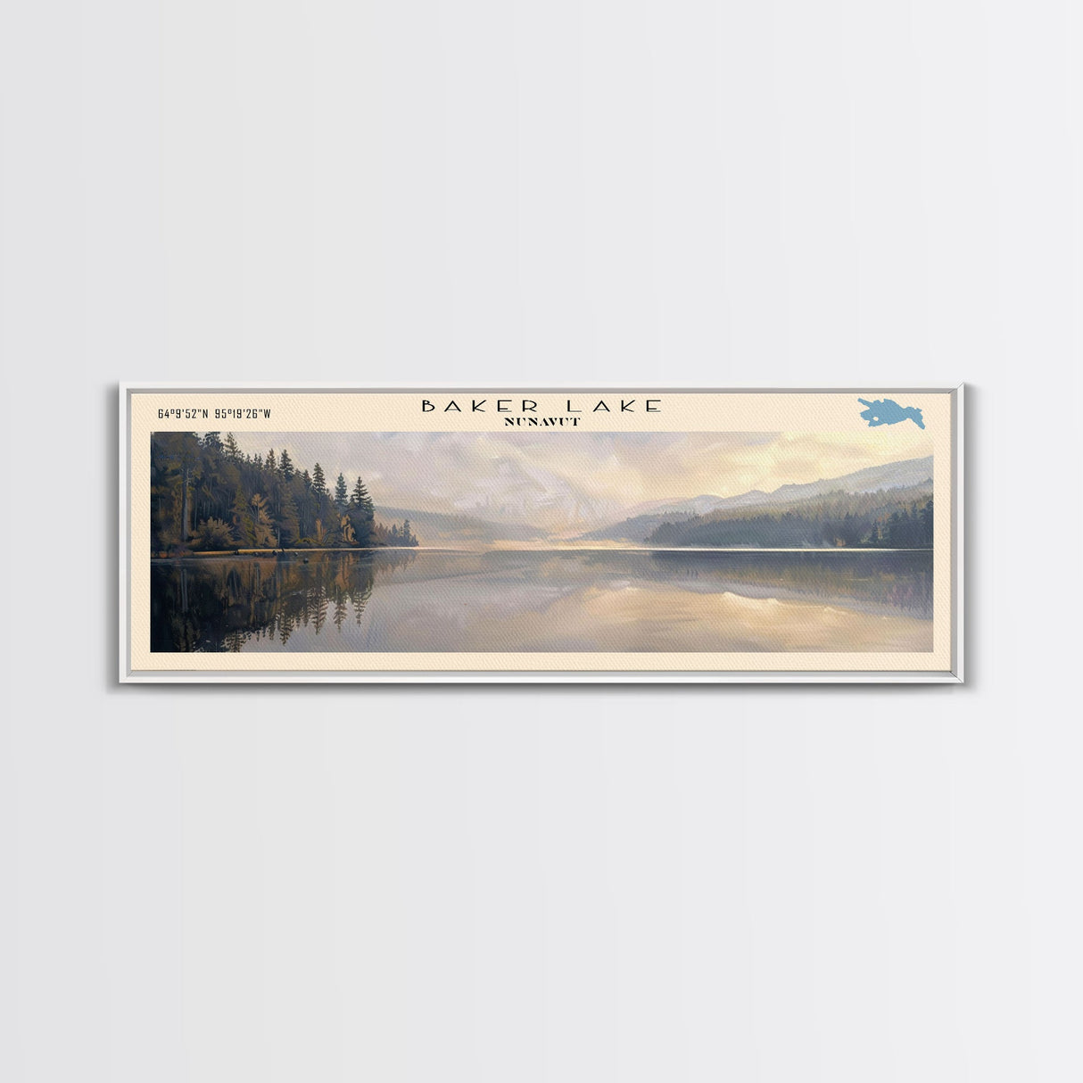 Baker Lake Panoramic Framed Canvas Print, Lake House Decor, Minimalist Art, Travel Poster, Scenic View, Nature Wall Art