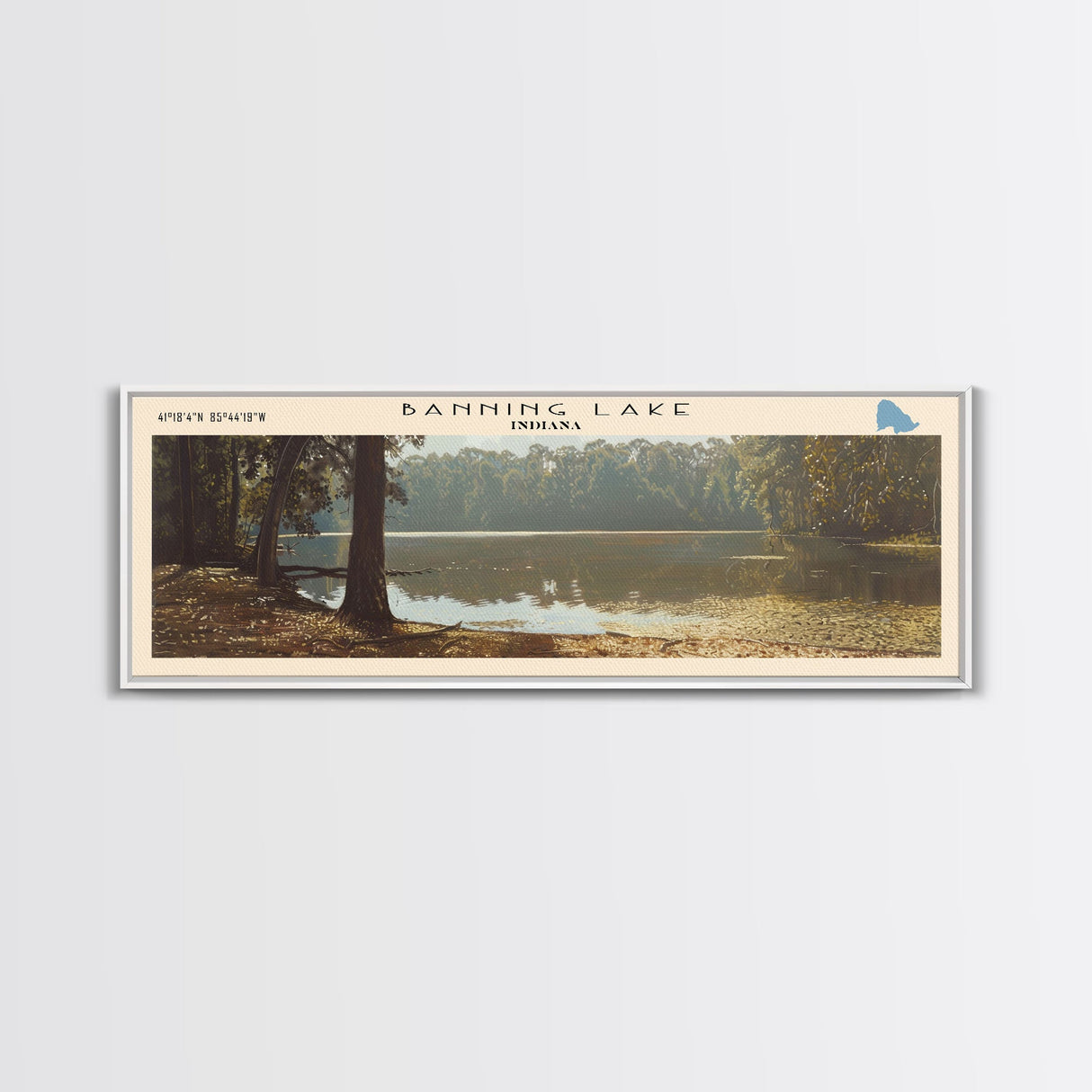 Banning Lake Indiana Framed Canvas Print, Lake House Decor, Panoramic Scenic Painting, Travel Poster, Rustic Art, Nature Wall Art