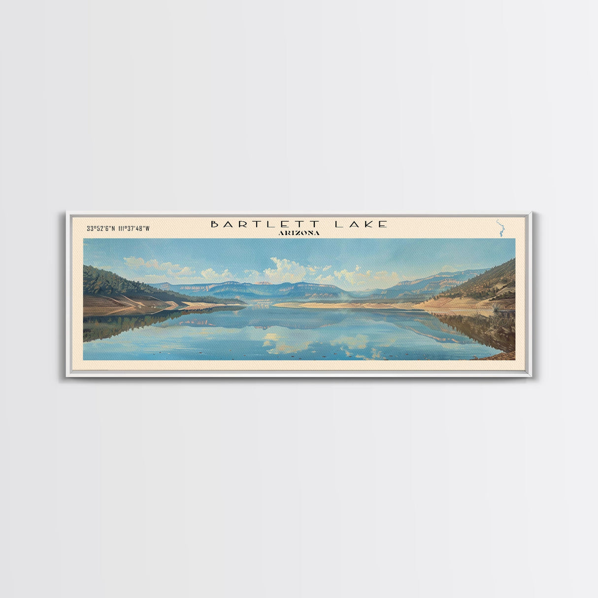 Bartlett Lake Arizona Framed Canvas Print, Panoramic Lake House Art, Scenic Painting, Travel Poster, Minimalist Wall Art, Home Decor