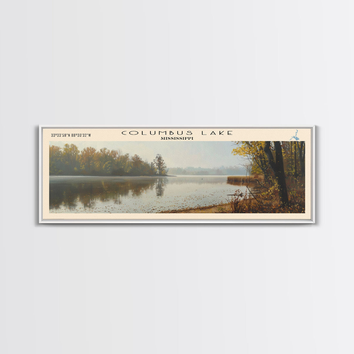 Columbus Lake Mississippi Framed Canvas Print, Panoramic Lake House Decor, Wide Wall Art, Travel Poster, Rustic Lake Painting, Nature Art