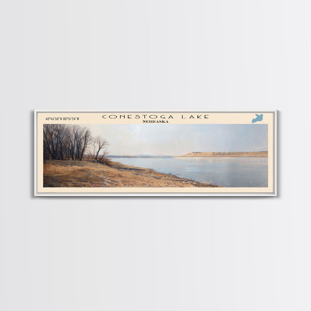 Conestoga Lake Nebraska Framed Canvas Print, Panoramic Lake House Decor, Wide Wall Art, Travel Poster, Modern Lake Painting, Nature Art