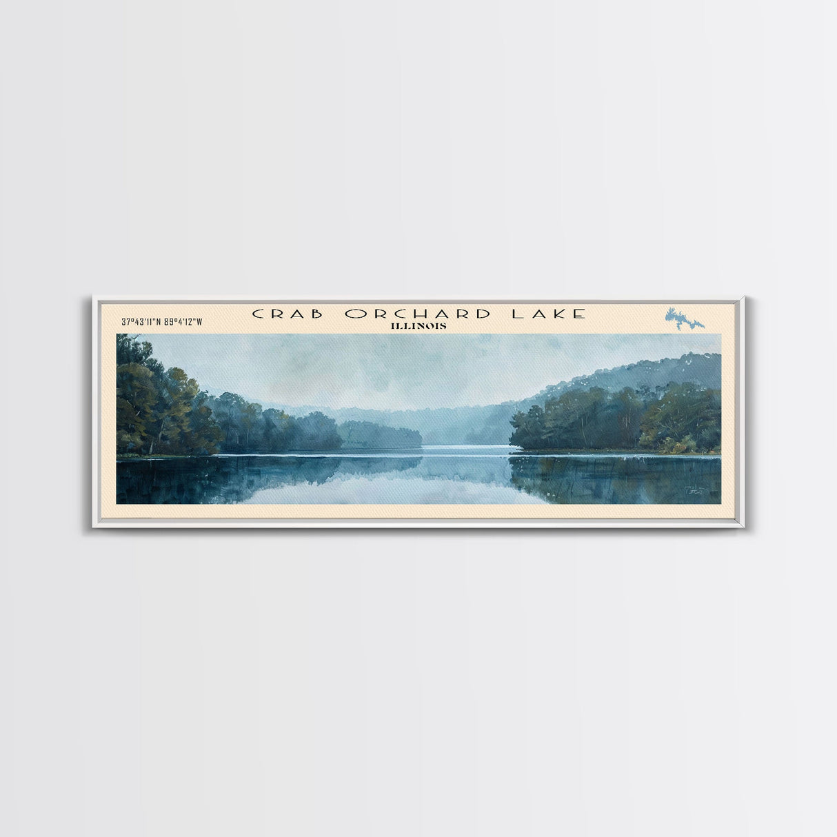 Crab Orchard Lake Illinois Framed Canvas Print, Lake House Art, Panoramic Wide Art, Travel Poster, Modern Lake Painting, Nature Art