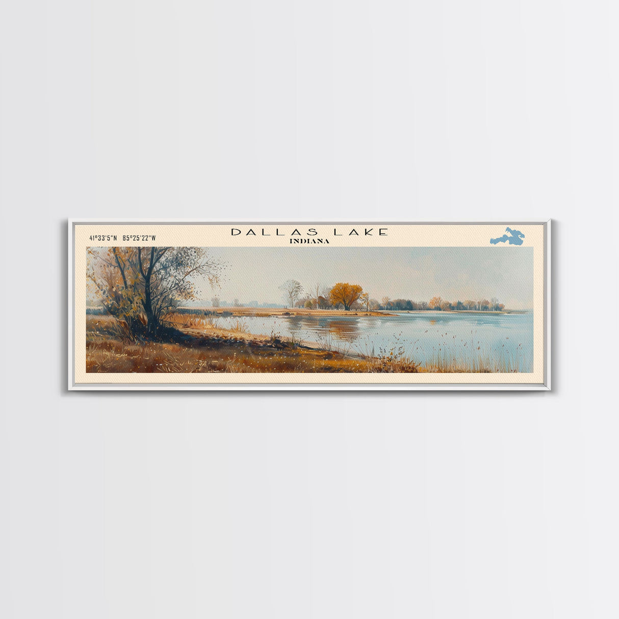 Dallas Lake Indiana Framed Canvas Print, Lake House Decor, Panoramic Wall Art, Travel Poster, Rustic Lake Painting, Home Decor