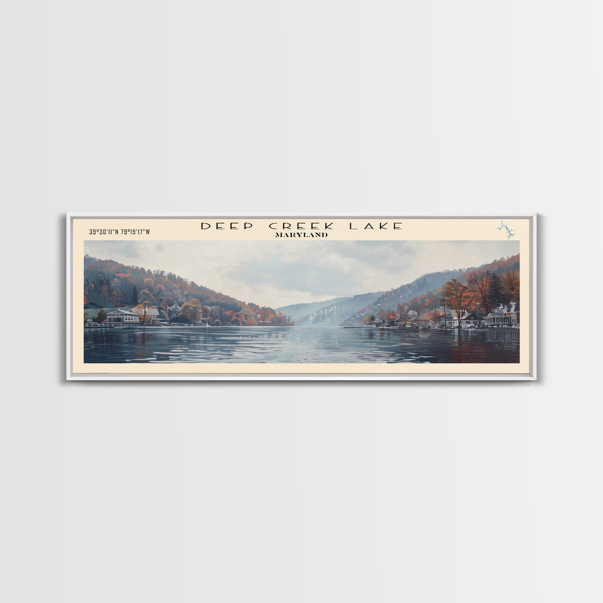 Deep Creek Lake Maryland Framed Canvas Print, Lake House Decor, Panoramic Wall Art, Travel Poster, Modern Lake Painting, Nature Art