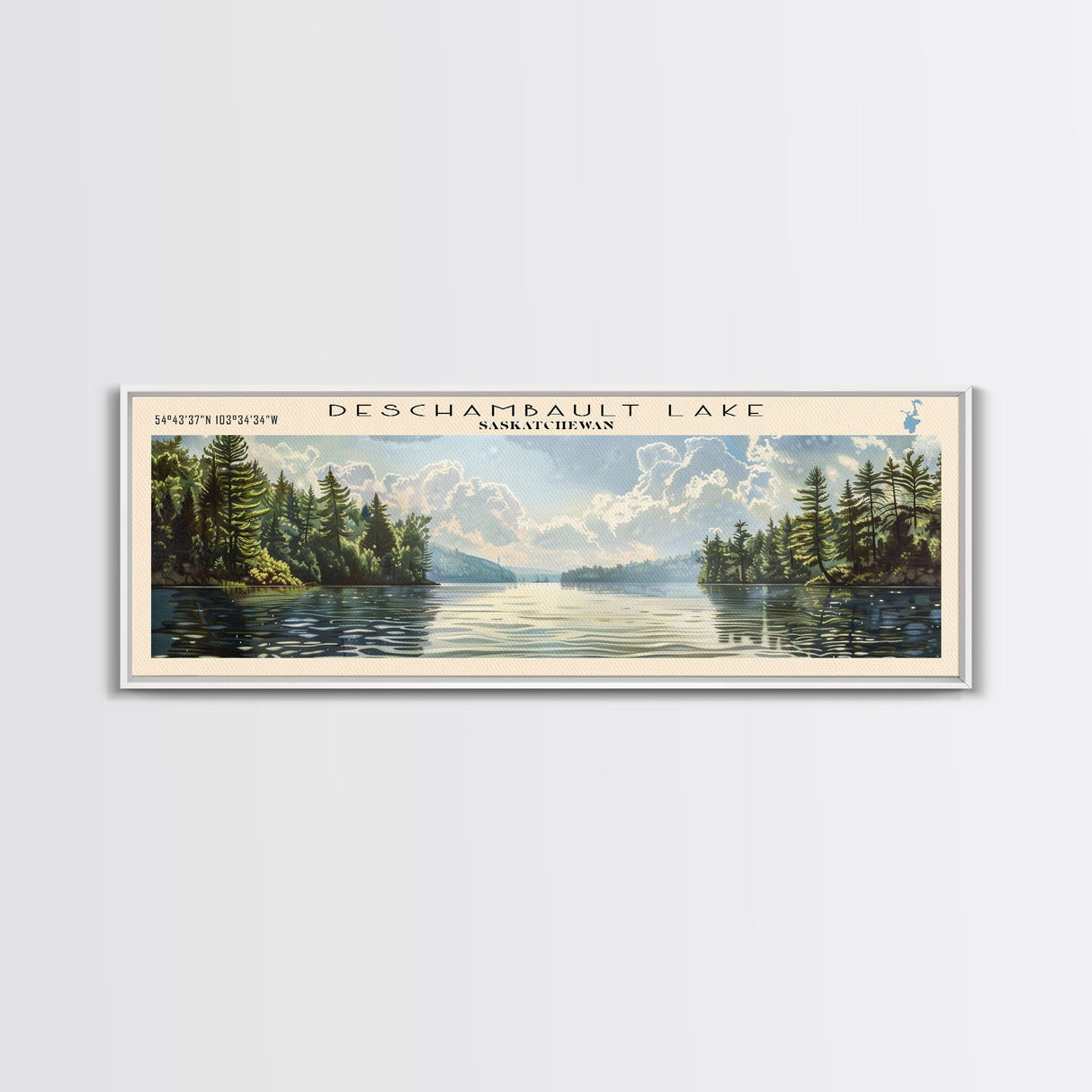 Deschambault Lake Framed Canvas Print, Lake House Decor, Panoramic Wall Art, Travel Poster, Modern Lake Painting, Nature Art