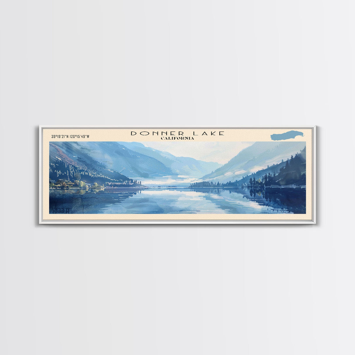 Donner Lake California Framed Canvas Print, Lake House Decor, Panoramic Wall Art, Travel Poster, Modern Lake Painting, Nature Art