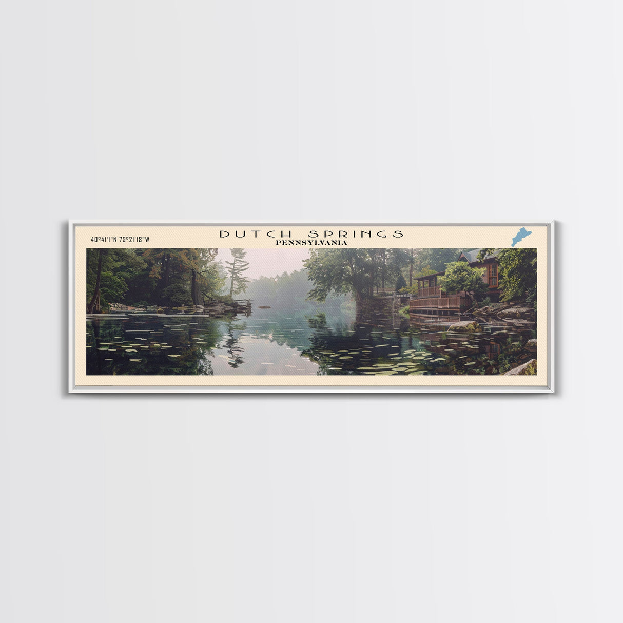 Dutch Springs Pennsylvania Framed Canvas Print, Lake House Art, Panoramic Wall Art, Travel Poster, Rustic Lake Painting, Home Decor