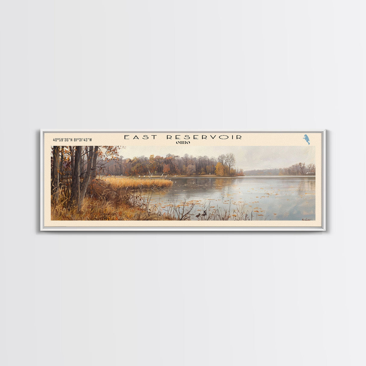 East Reservoir Ohio Framed Canvas Print, Lake House Art, Panoramic Wall Art, Travel Poster, Modern Lake Painting, Nature Art