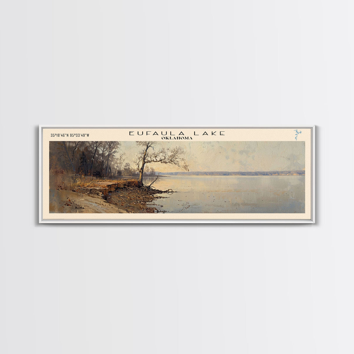 Eufaula Lake Oklahoma Framed Canvas Print, Lake House Art, Panoramic Wall Art, Travel Poster, Modern Lake Painting, Nature Art