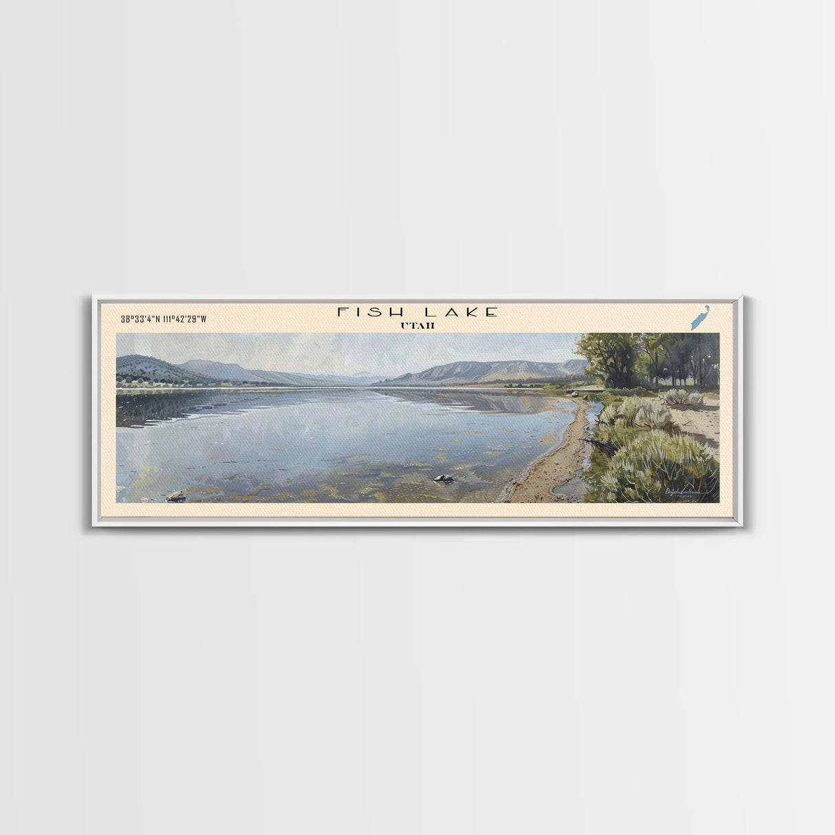 Fish Lake Utah Framed Canvas Print, Panoramic Lake House Decor, Wall Art, Travel Poster, Tranquil Lake Painting, Nature Art