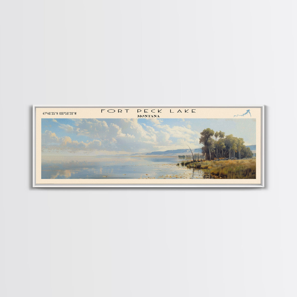 Fort Peck Lake Montana Framed Canvas Print, Lake House Art, Panoramic Wall Art, Travel Poster, Serene Lake Painting, Home Decor