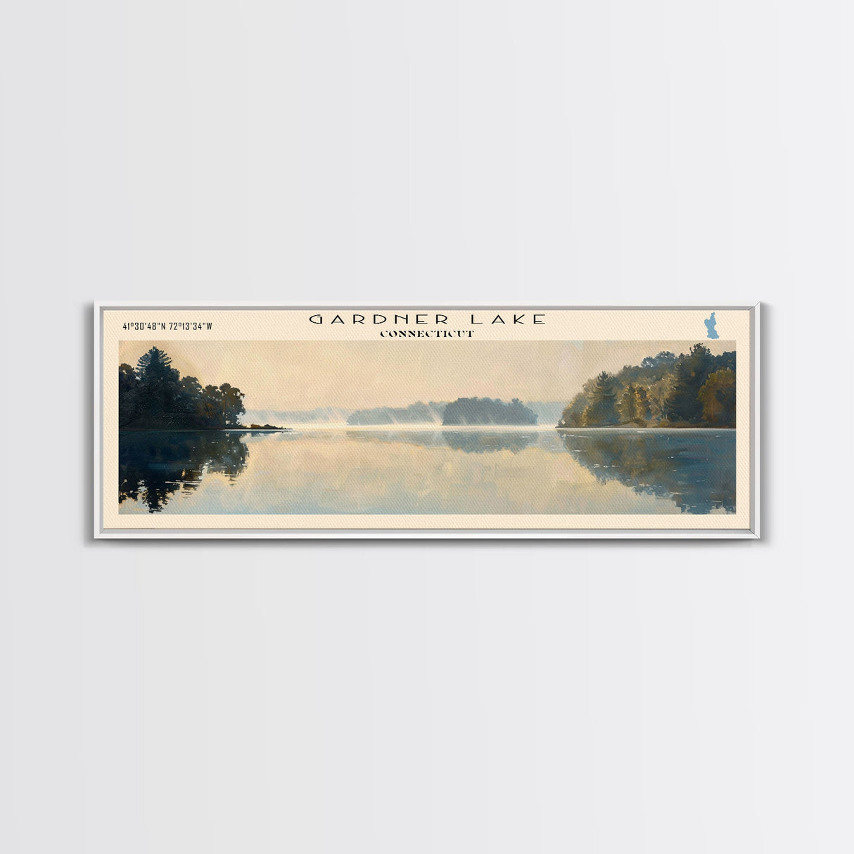 Gardner Lake Connecticut Framed Canvas Print, Lake House Art, Panoramic Wall Art, Travel Poster, Tranquil Lake Painting, Home Decor