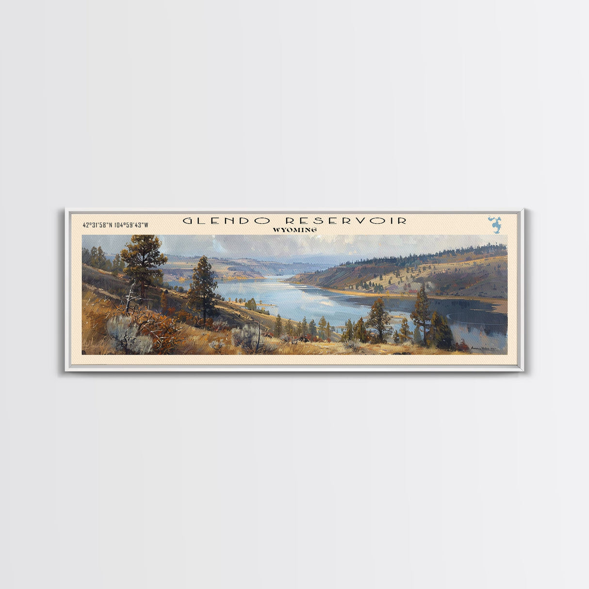 Glendo Reservoir Wyoming Framed Canvas Print, Panoramic Lake House Decor, Wall Art, Travel Poster, Beautiful Lake Painting, Nature Art