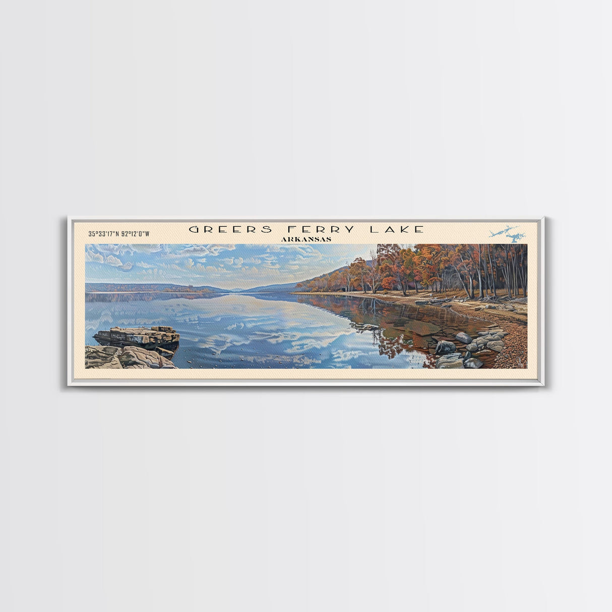 Greers Ferry Lake Arkansas Framed Canvas Print, Panoramic Lake House Decor, Wall Art, Travel Poster, Beautiful Lake Painting, Nature Art