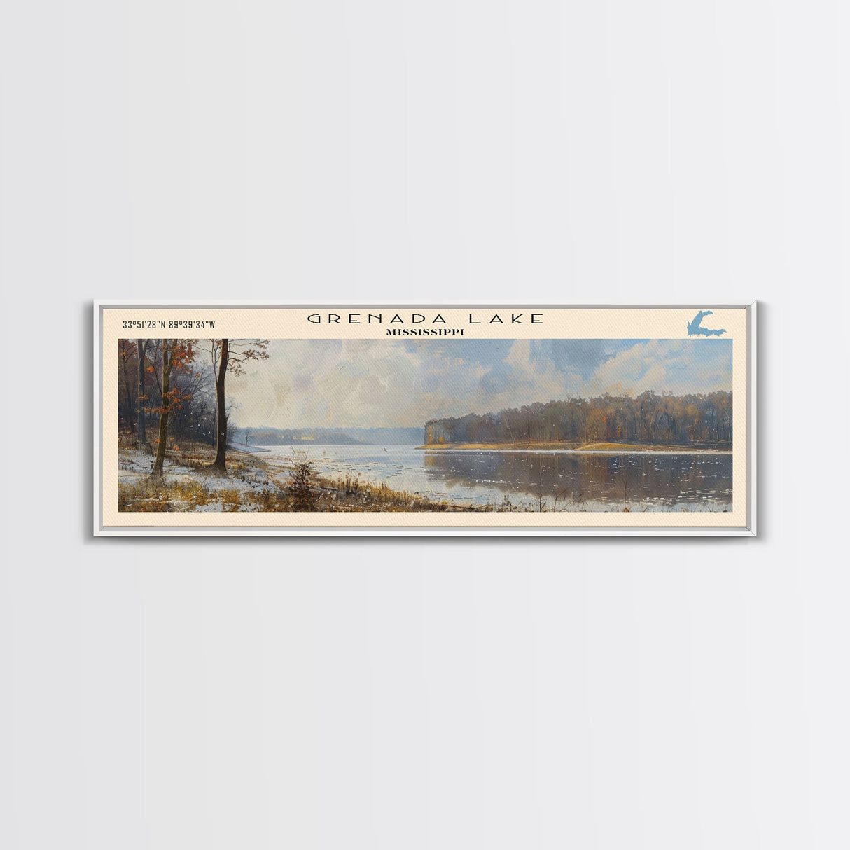 Grenada Lake Mississippi Framed Canvas Print, Lake House Art, Panoramic Wall Art, Travel Poster, Picturesque Lake Painting, Home Decor