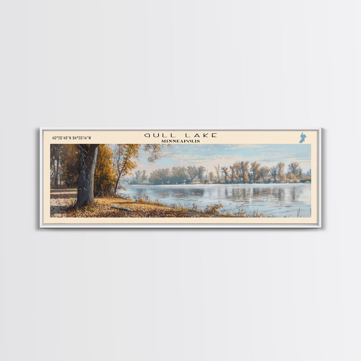 Gull Lake Minneapolis Framed Canvas Print, Lake House Art, Panoramic Wall Art, Travel Poster, Serene Lake Painting, Home Decor