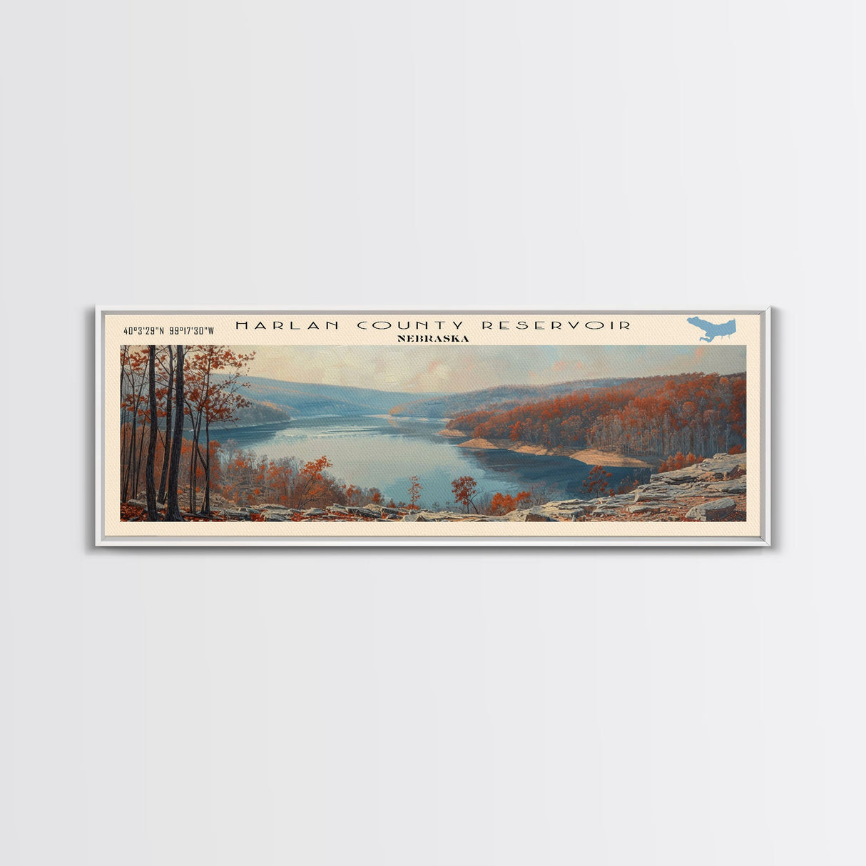 Harlan County Reservoir Nebraska Framed Canvas Print, Lake House Art, Panoramic Wall Art, Travel Poster, Scenic Lake Painting, Home Decor