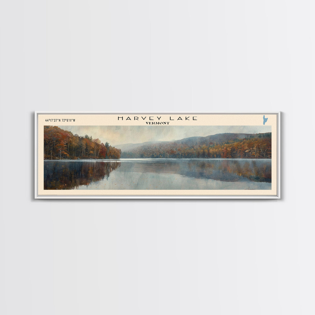 Harvey Lake Vermont Framed Canvas Print, Lake House Decor, Panoramic Wall Art, Travel Poster, Captivating Lake Painting, Nature Art