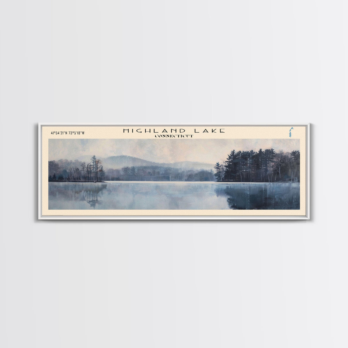 Highland Lake Connecticut Framed Canvas Print, Lake House Art, Panoramic Wall Art, Travel Poster, Scenic Lake Painting, Home Decor