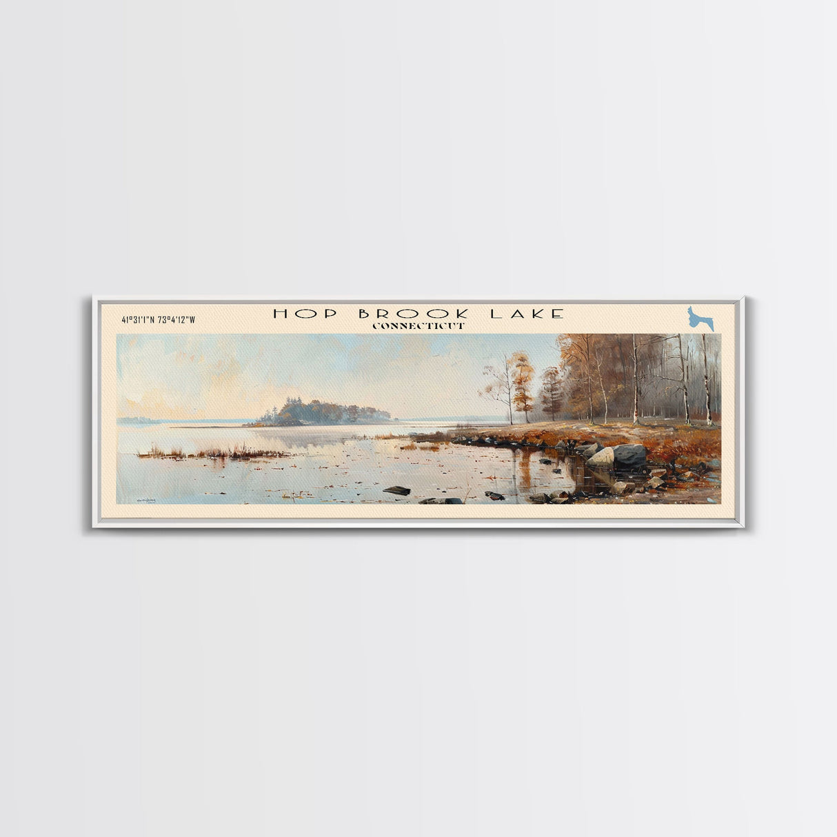 Hop Brook Lake Connecticut Framed Canvas Print, Lake House Art, Panoramic Wall Art, Travel Poster, Serene Lake Painting, Home Decor