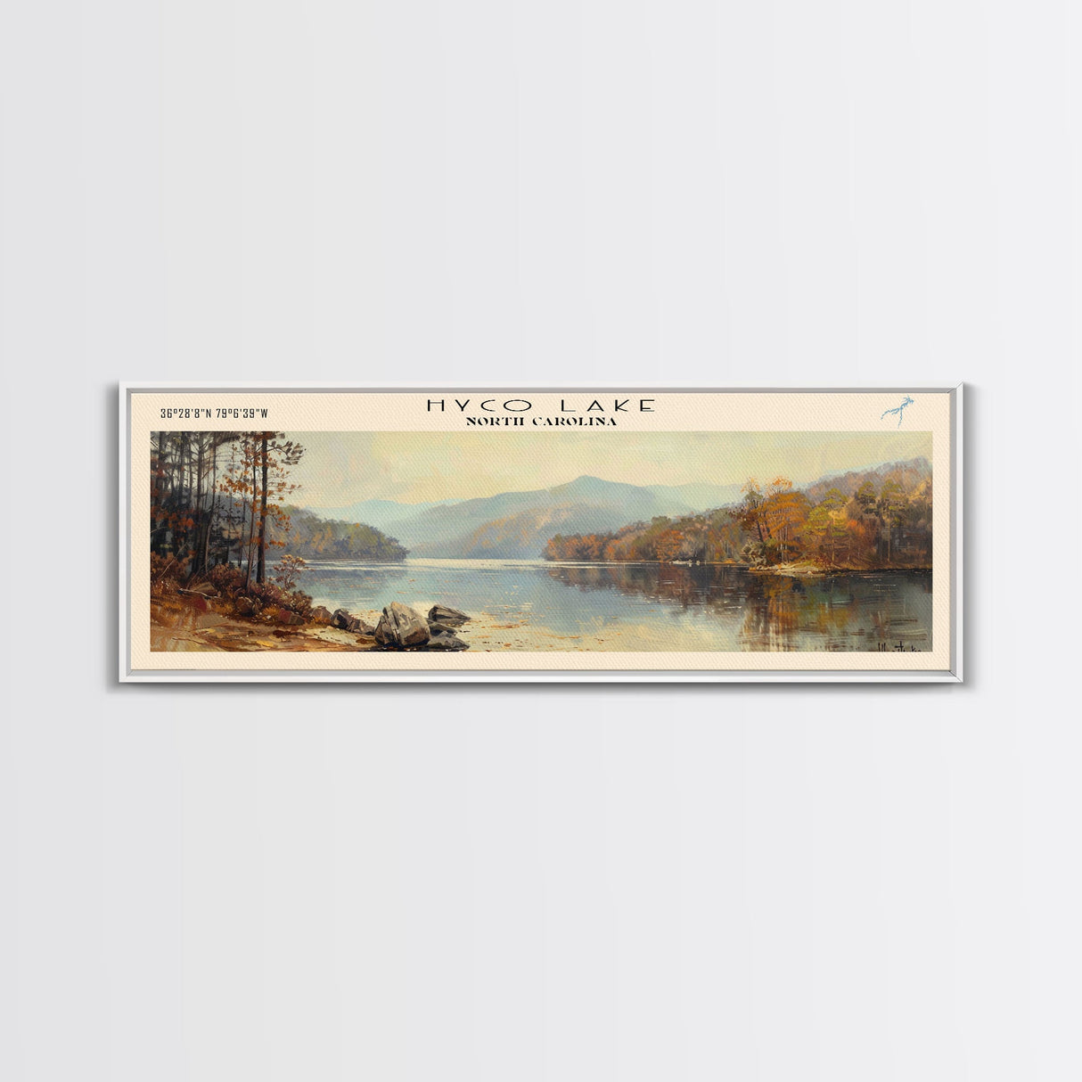 Hyco Lake North Carolina Framed Canvas Print, Lake House Art, Panoramic Wall Art, Travel Poster, Scenic Lake Painting, Home Decor